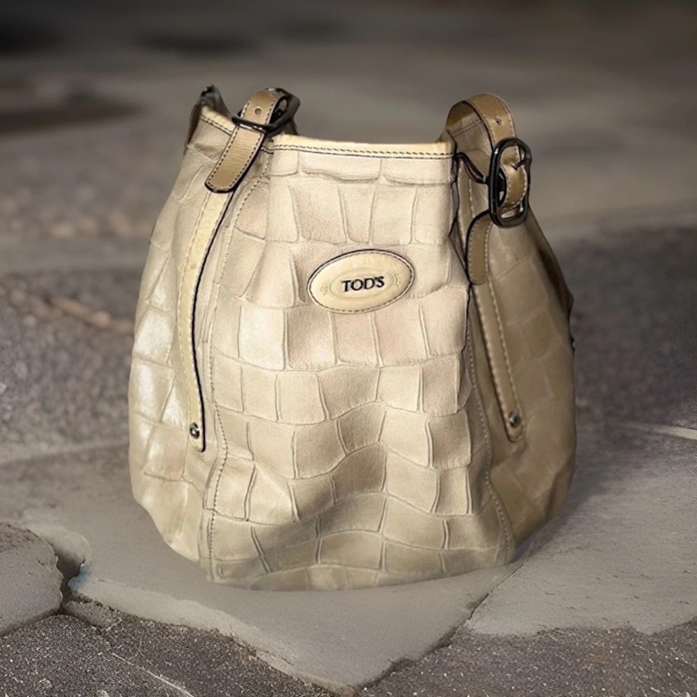 SOLD RARE Tod'S G-Line Easy Sacca Beige Calf Leather Large Tote Croc Emboss Hobo